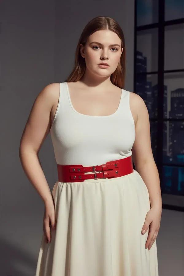 red faux leather wide waist belt with twin silver buckles worn over cream top and beige trousers