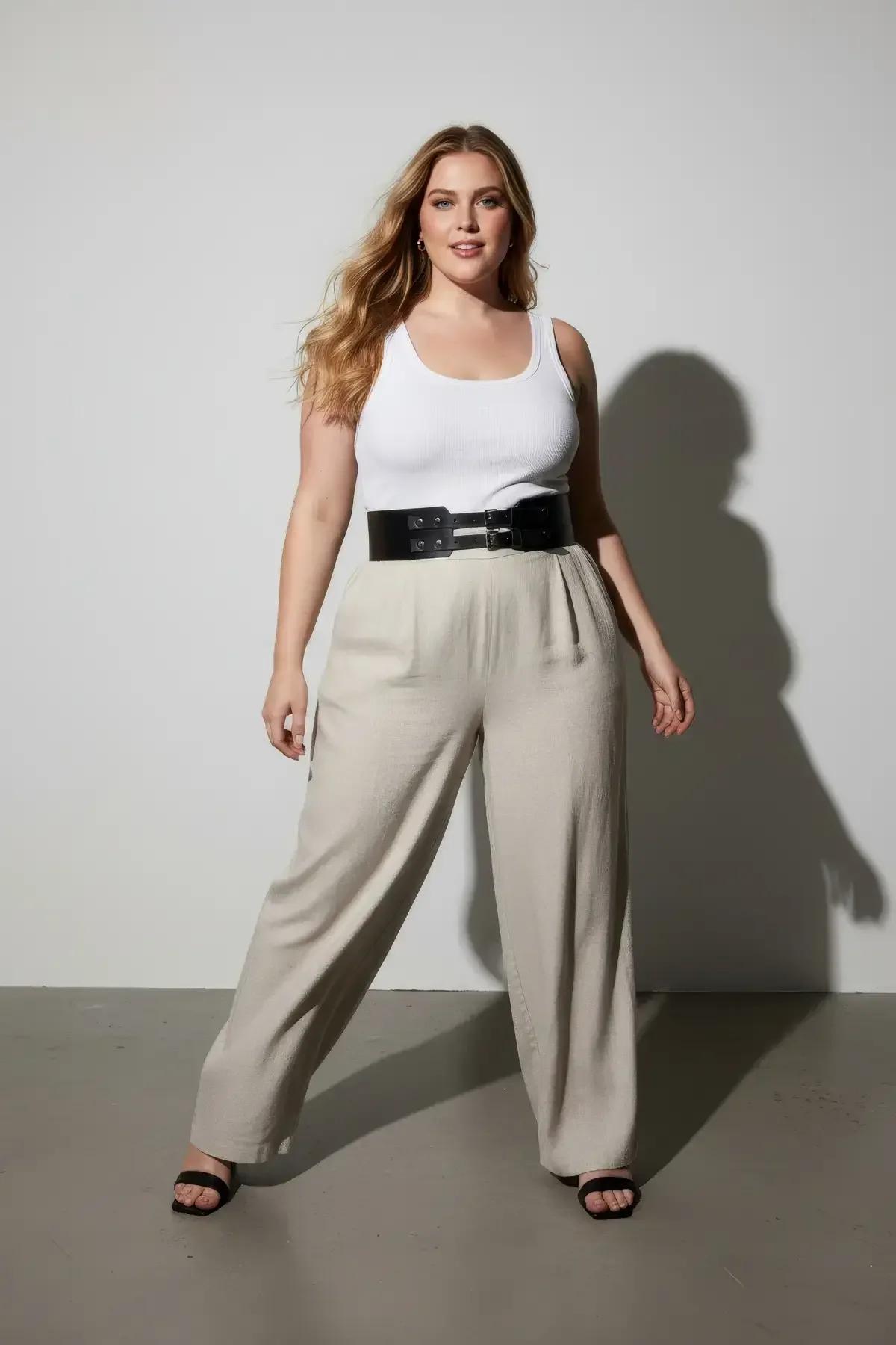 black structured waspie cinch belt styled with beige wide-leg trousers and white ribbed top