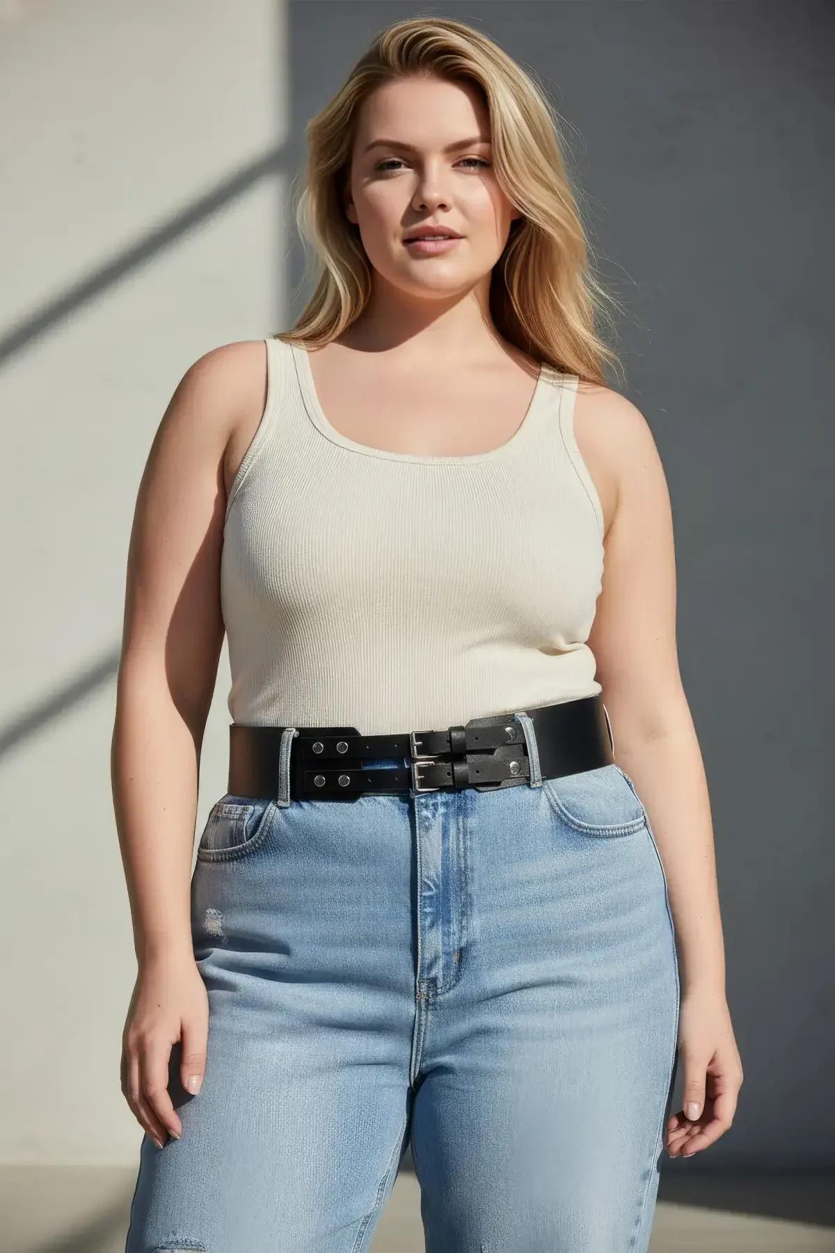 plus size model wearing black faux leather double buckle waspie belt showing fit and waist definition