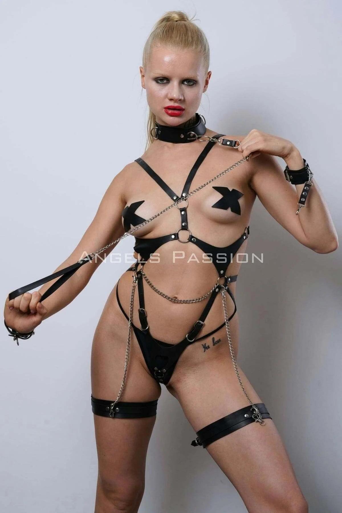 Tasmalı Deri Fantezi Giyim, Deri Kadın İç Giyim, Partywear