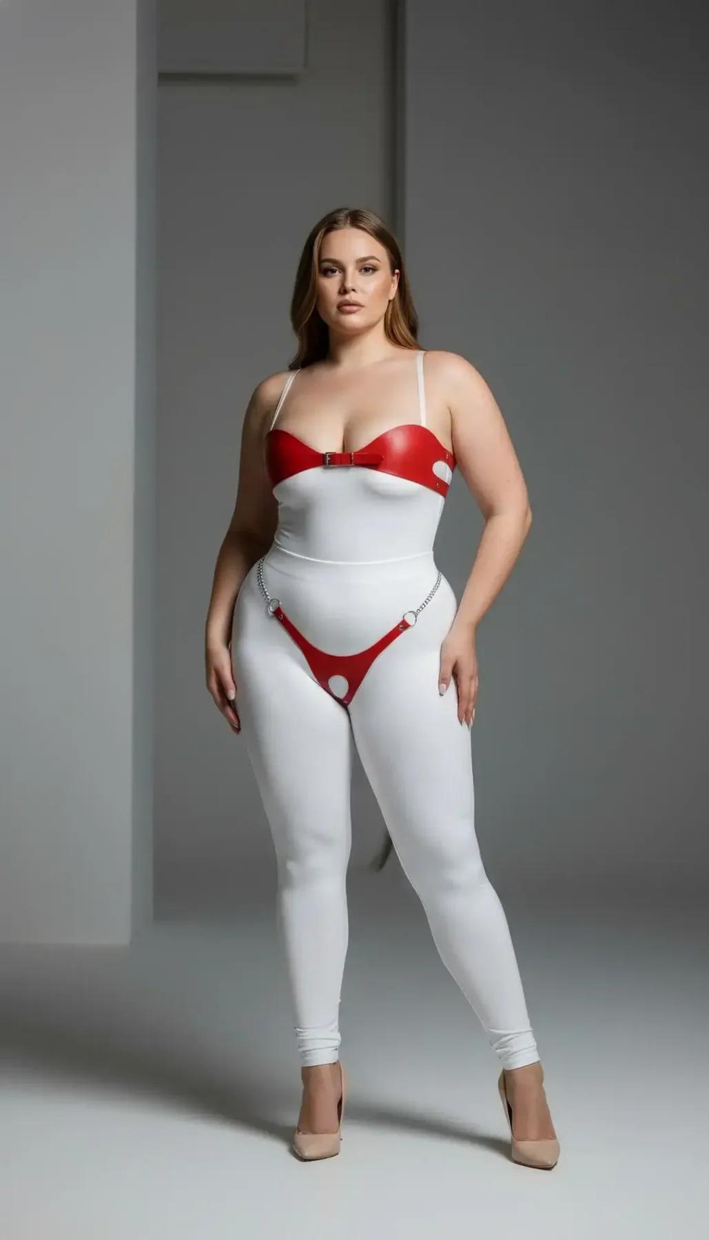 Red faux leather chain body harness set with structured bustier top and matching hip piece connected by silver chain