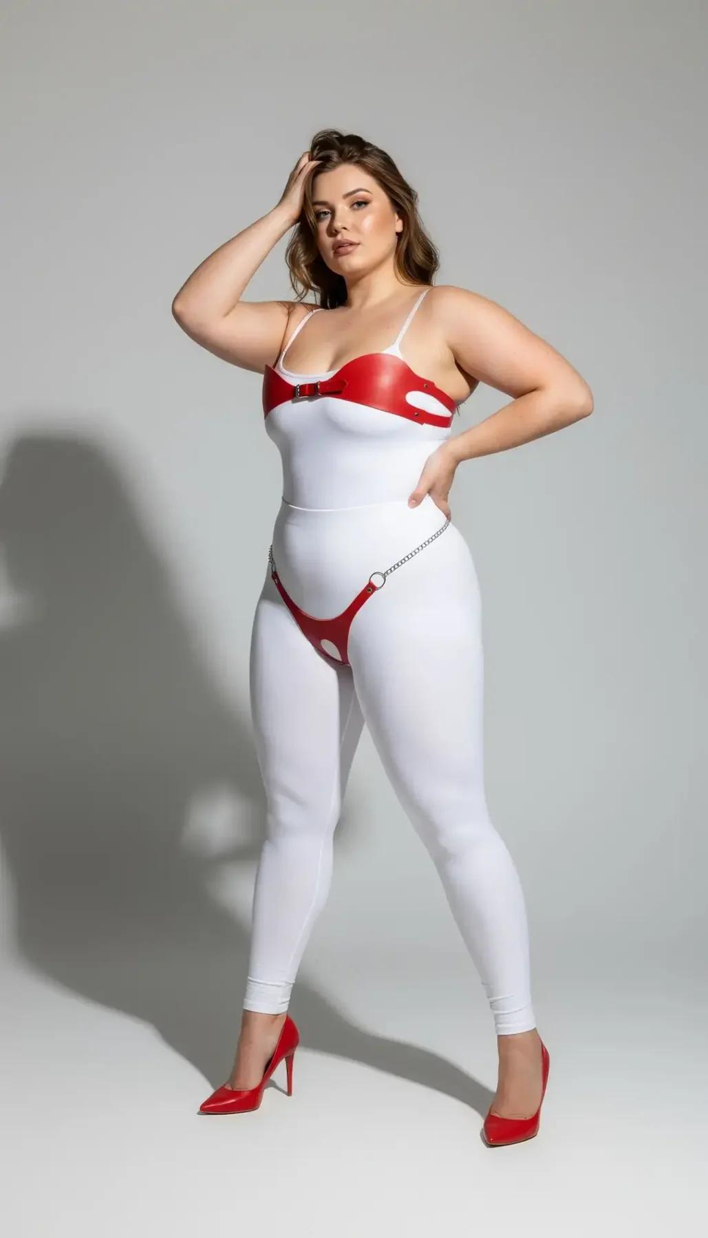 Close-up of red PU faux leather bustier top with thin adjustable shoulder straps and silver buckle detail