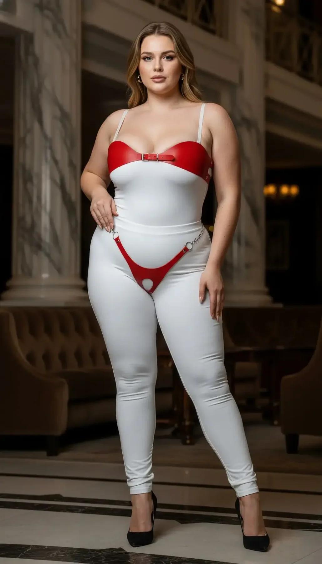 Full-length view of red chain harness set styled over white fitted base layer with neutral heels