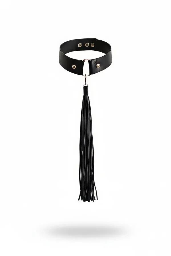Black faux leather tasseled choker with detachable multi-strand fringe hanging from silver D-ring center connector