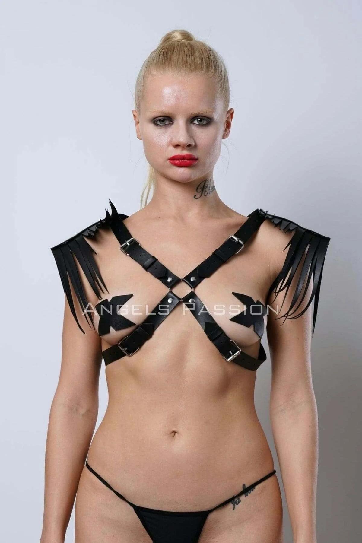 Omuzdan Püsküllü Göğüs Harness, Deri Püsküllü Omuz Harness - APFT1240