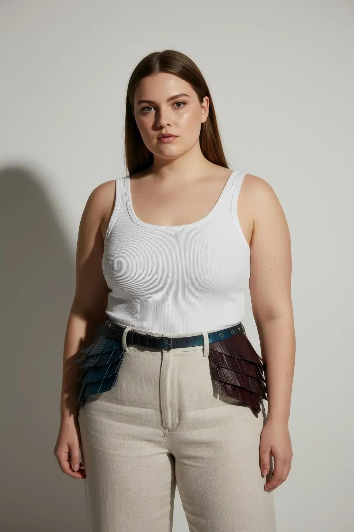 Detail of fish-scale layered vegan leather panels with blue-to-rose color shift on harness waist belt