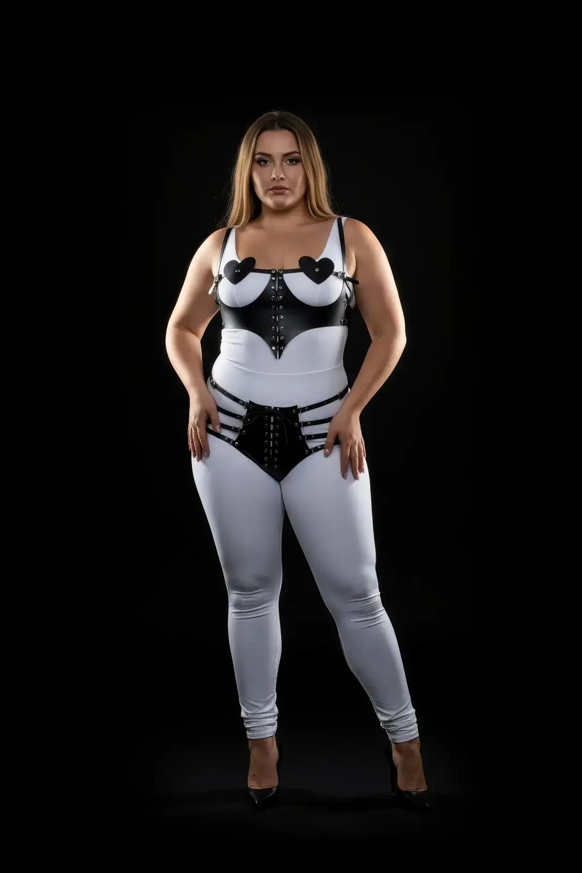 heart-shaped cup detail on black faux leather chest harness with adjustable silver shoulder buckles