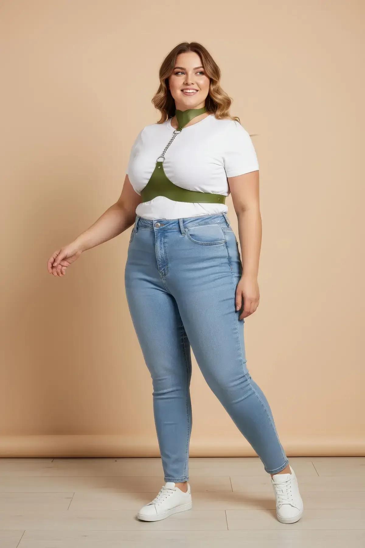 Olive green PU chest harness front view showing underbust band and choker with silver O-ring connector