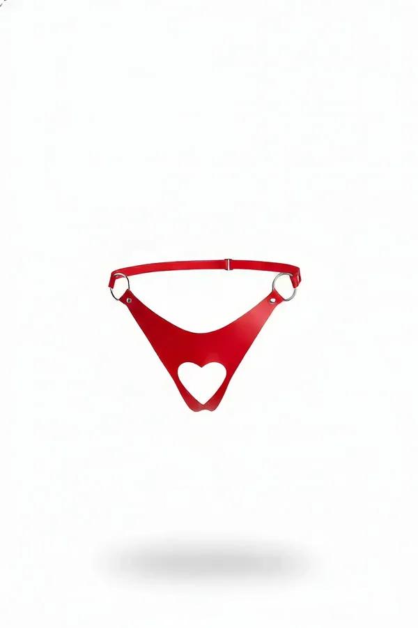 Red faux leather harness thong with heart cut-out front panel and silver O-rings at hips