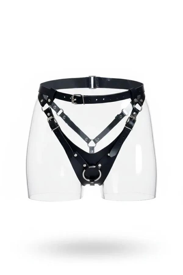 Black faux leather high-waist body harness with silver V-strap front panel and O-ring hardware on mannequin