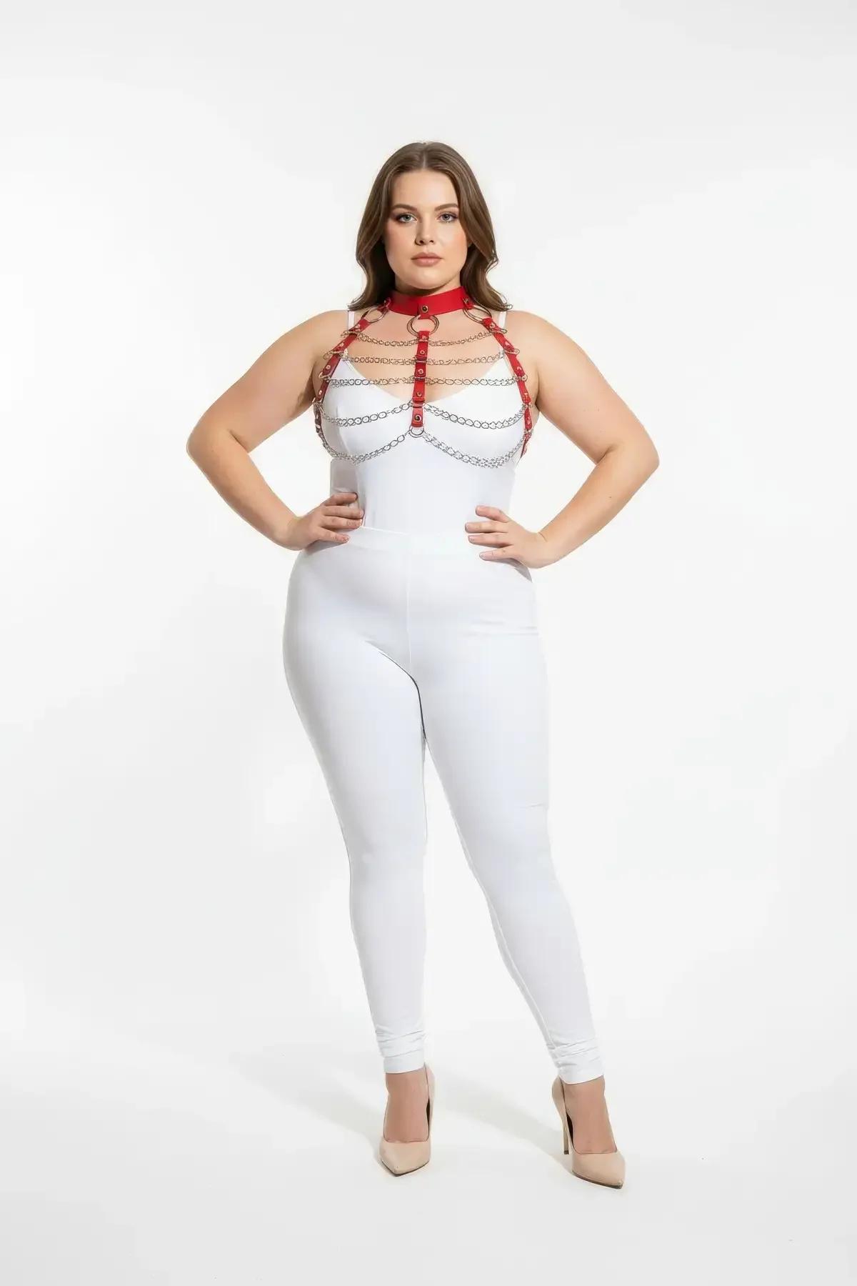 Back view of red strappy chain harness showing adjustable back closure and strap width