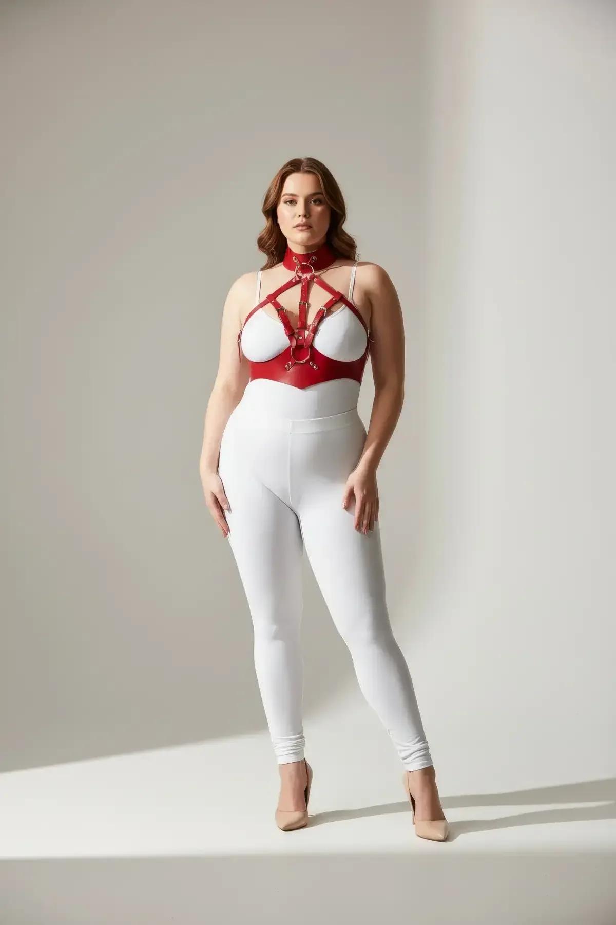 Red faux leather strappy chest harness with integrated choker collar and gold O-rings worn over white bra