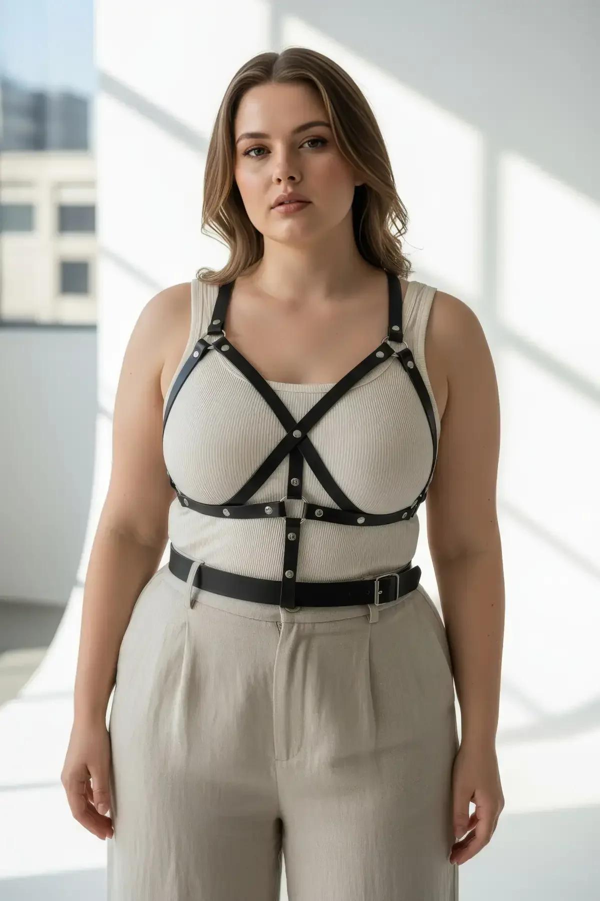 Black X-strap chest harness styled over white tank top with beige trousers casual outfit