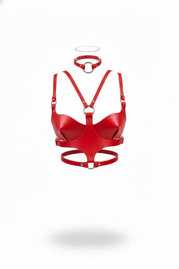 Red faux leather structured cup harness bra with silver O-ring chest detail and matching O-ring choker
