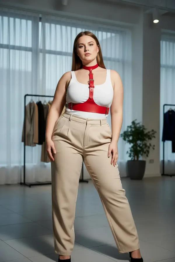 Red faux leather underbust harness and choker set with silver buckle hardware worn over white top