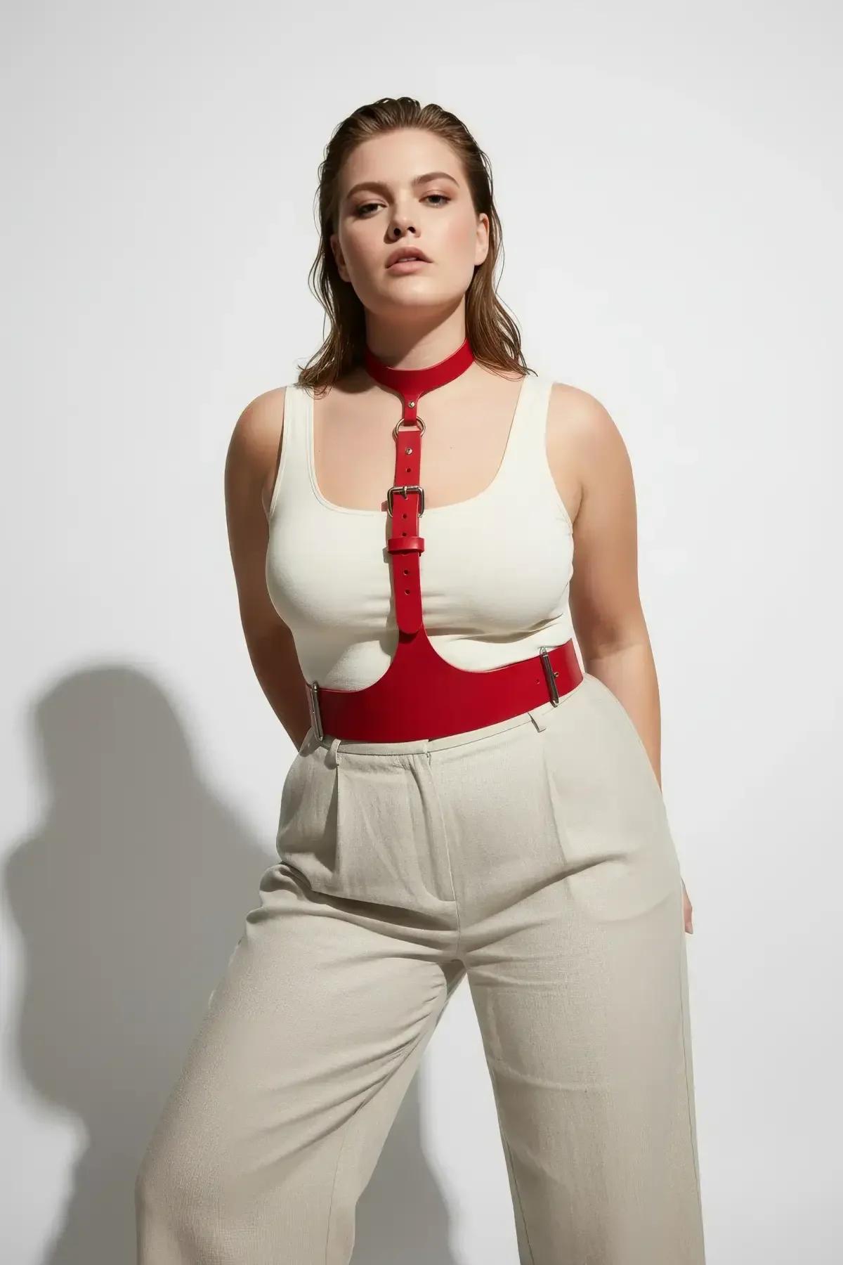 Silver-tone D-ring and buckle hardware detail on red underbust harness set