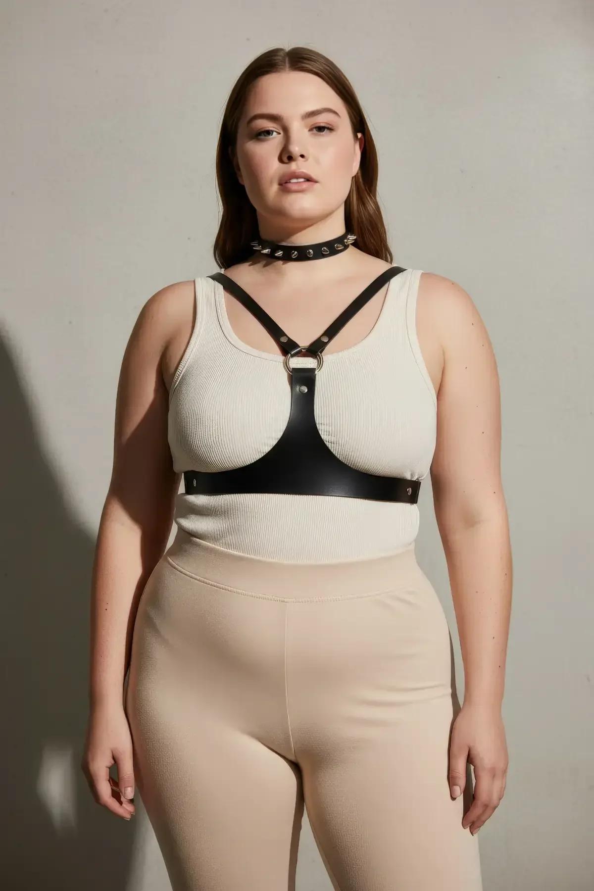 Front view of black studded harness showing central silver O-ring anchor on underbust strap