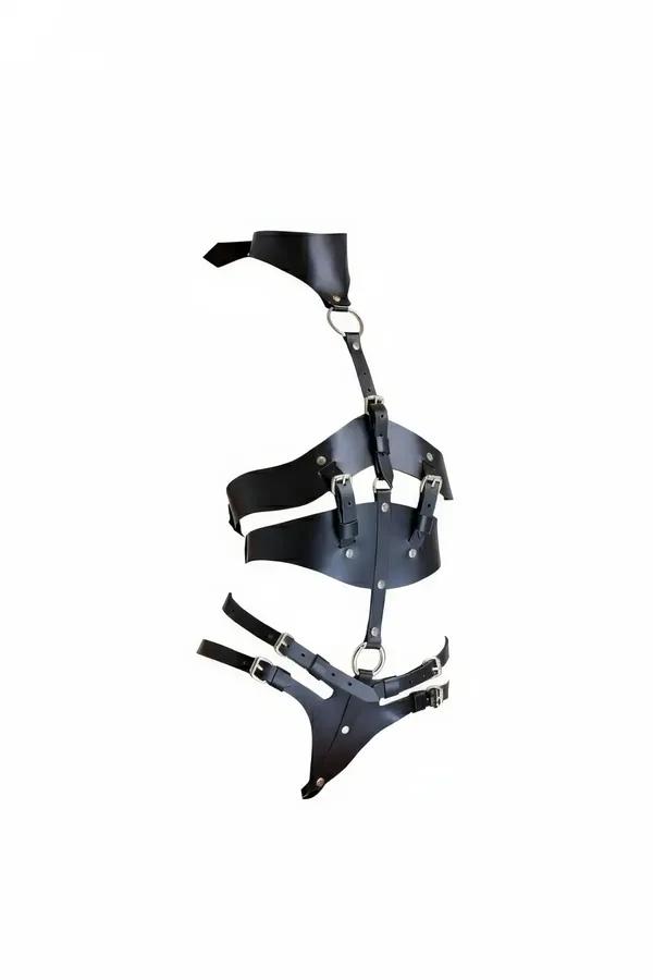 siyah faux leather harness takım ayarlanabilir gümüş kare tokalı boyun göğüs bel bacak bantları