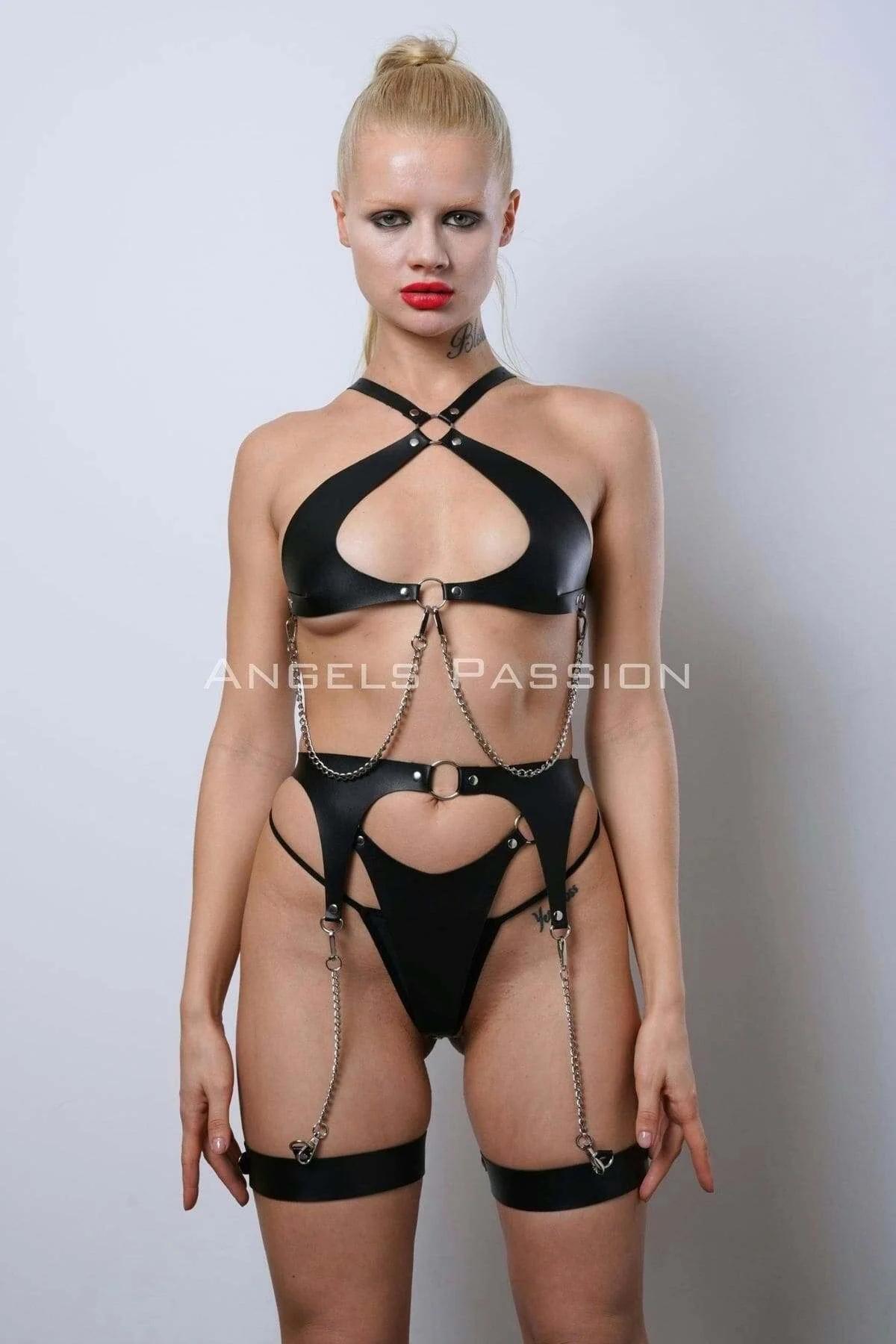 full three-piece black harness set styled over bare skin showing chain drape and strap configuration