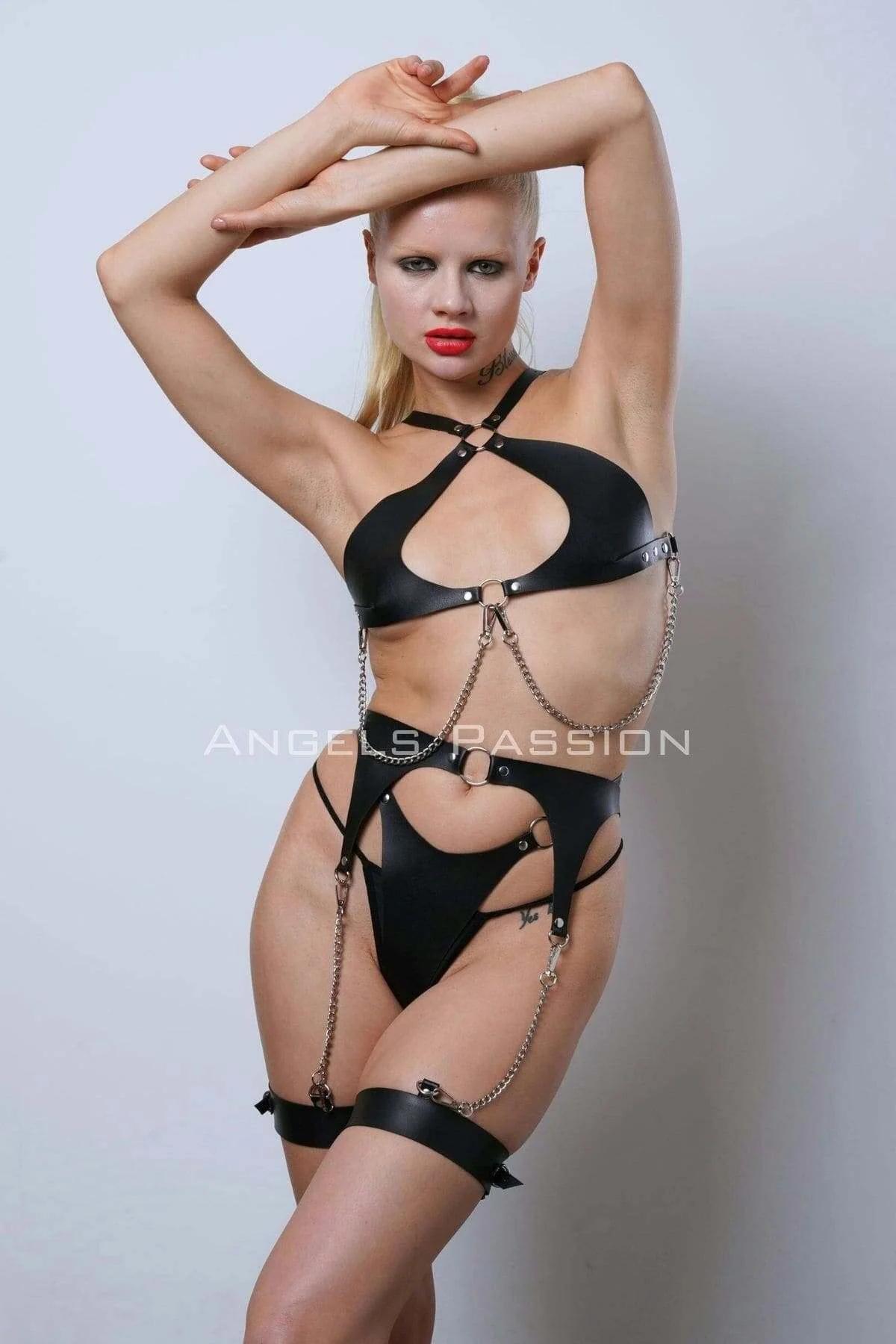Deri Fantezi İç Giyim Takım, Şık Deri Harness Set, Club Wear