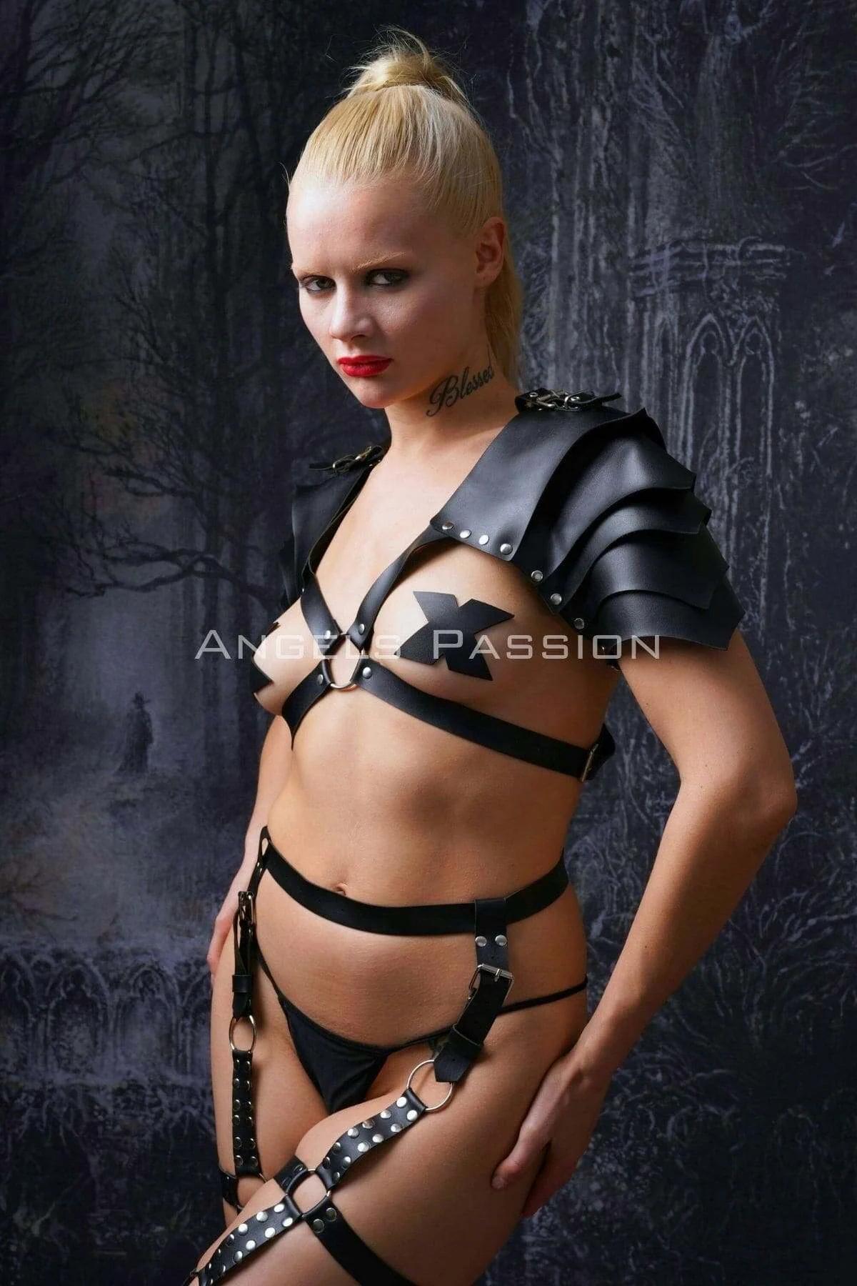 Full view of black matte faux leather gladiator harness set including waist band and thigh garters