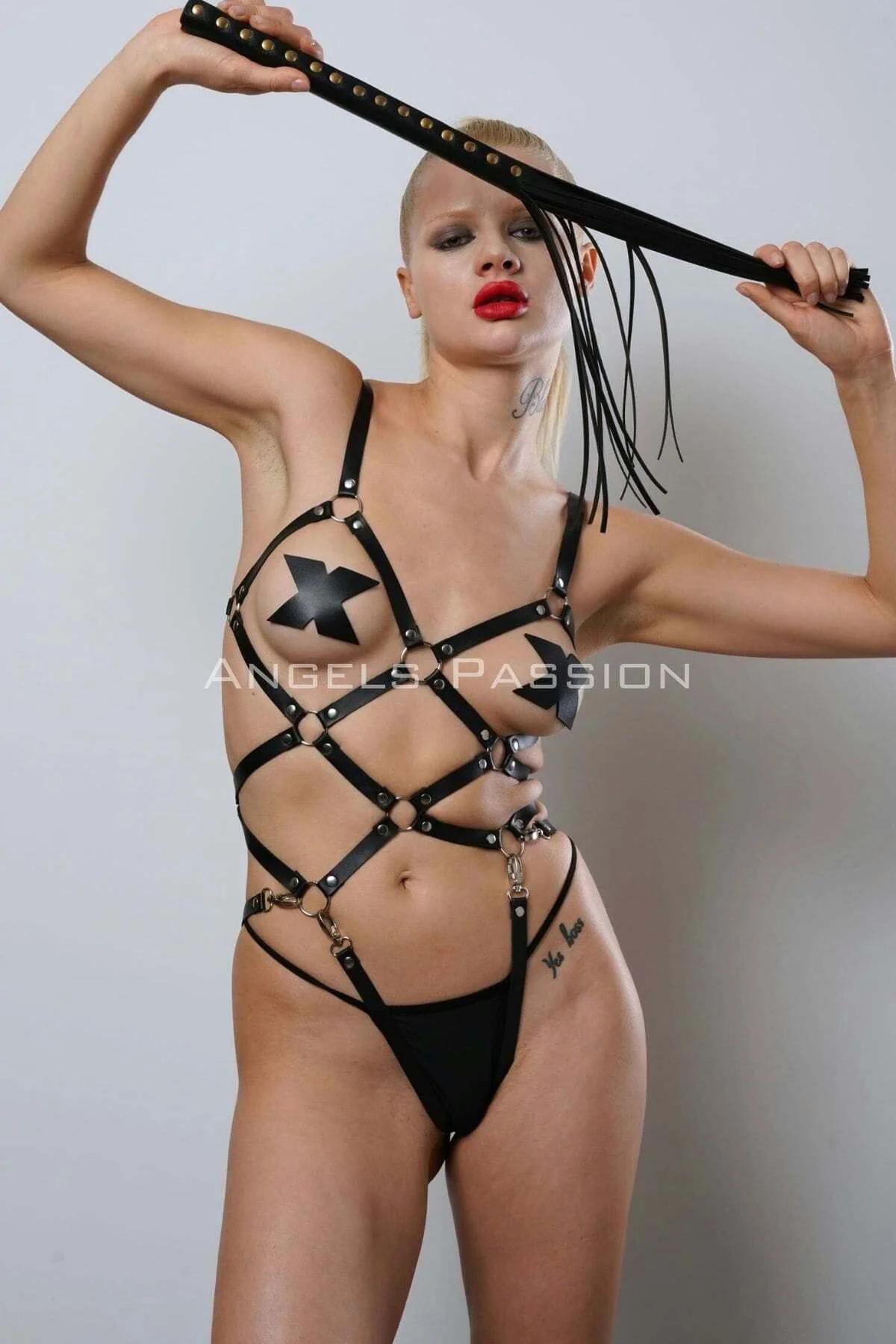 Kırbaçlı Deri Full Body Harness Fantezi Giyim, Vücudu Saran Full Body Harness