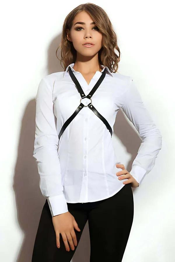 black faux leather chest harness X-cross strap silver O-ring center worn over white shirt