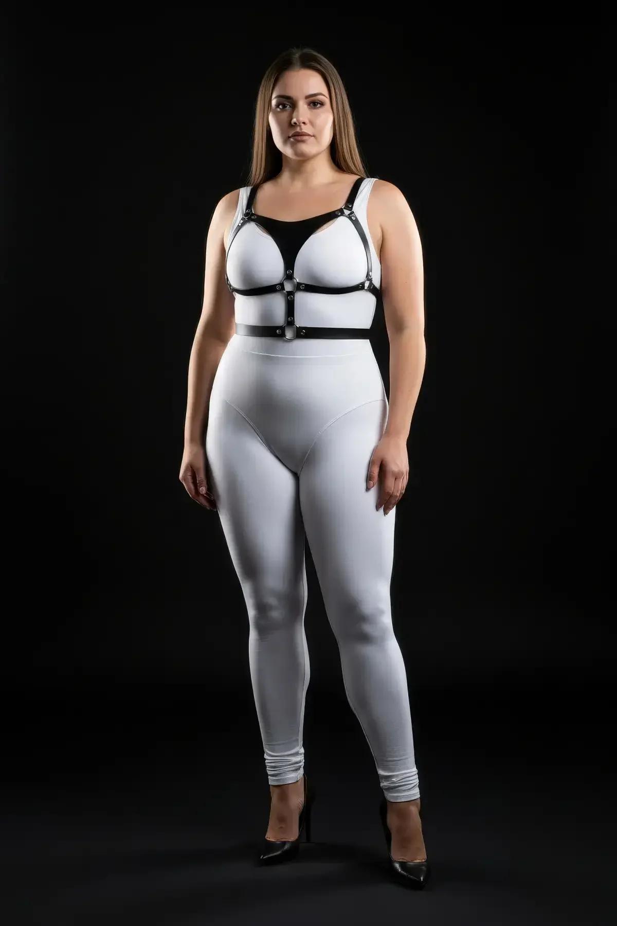 büyük beden harness takım beyaz crop top üzerine siyah bant kontrast kombin