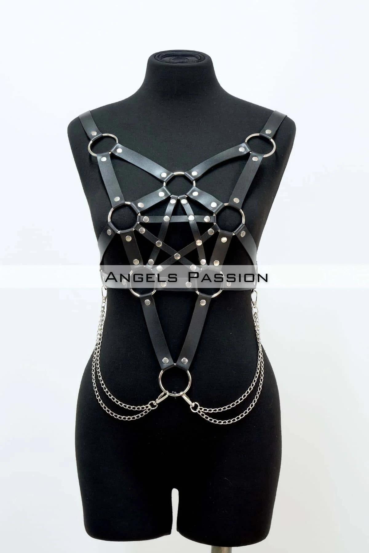 Zincir Detaylı Şık Deri Göğüs Harness, Büstiyer Harness, Deri Göğüs Harness