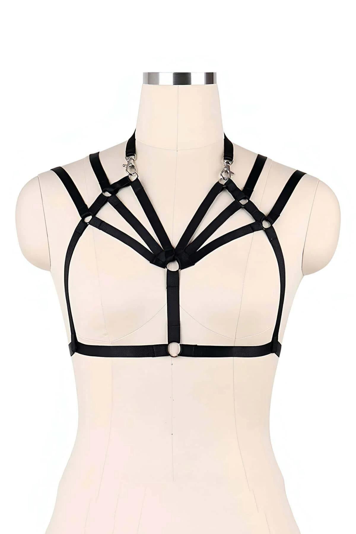 Rear view of adjustable metal buckle closure on black faux leather O-ring harness