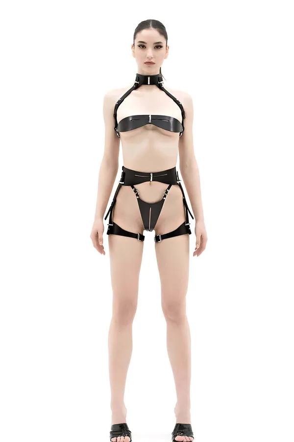 siyah vegan deri harness sütyen takım choker yakalıklı bel bandı ve jartiyer askılı gümüş toka detaylı
