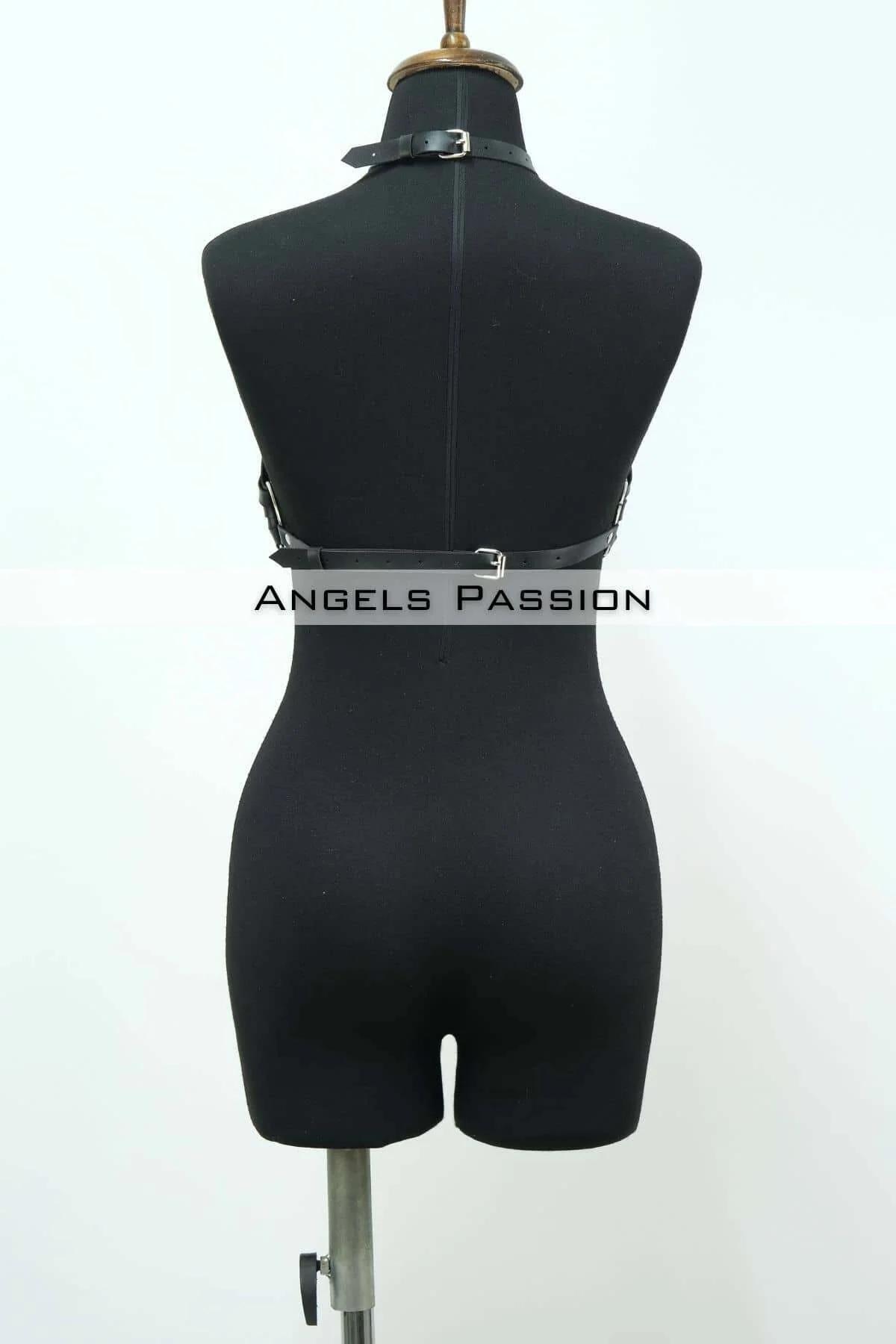 black PU harness bra showing six horizontal cage bands fanning from central vertical strap with silver O-ring choker