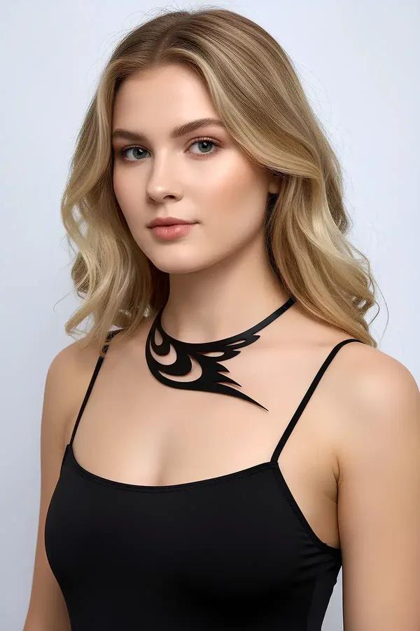 black faux leather tribal flame choker necklace flat panel collarbone laser-cut matte finish
