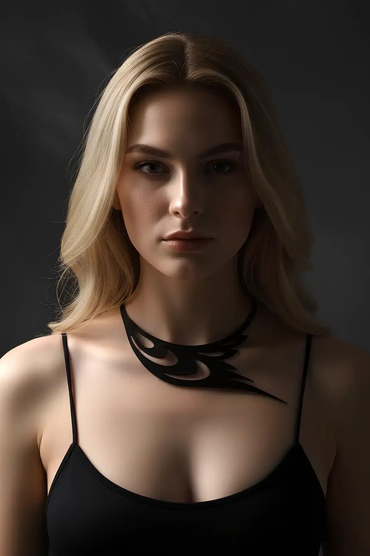 matte black PU leather choker with flame motif worn over black spaghetti-strap top