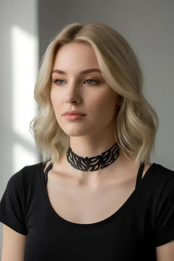 siyah lazer kesim vegan deri choker kolye yaprak geometrik motifli geniş bant boyunda