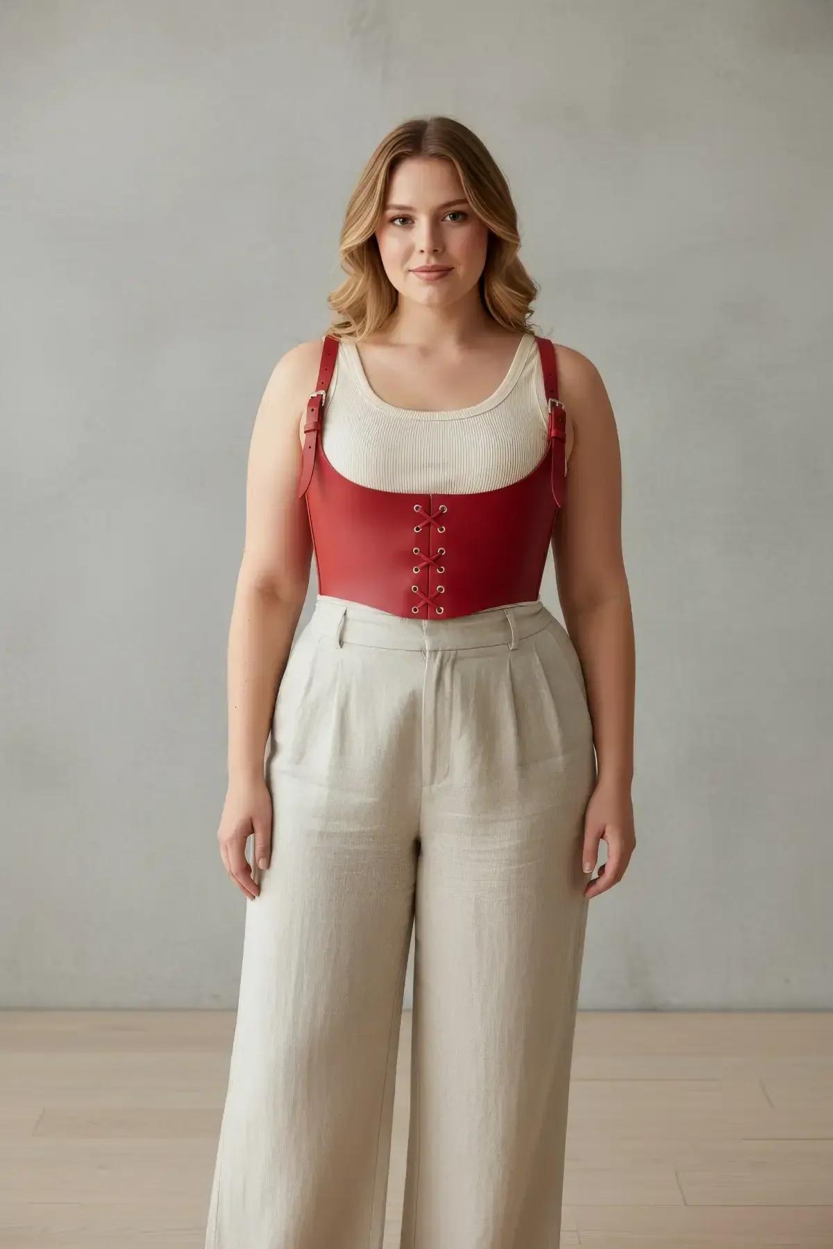 Side view of red underbust corset harness showing silver shoulder strap buckle and panel height