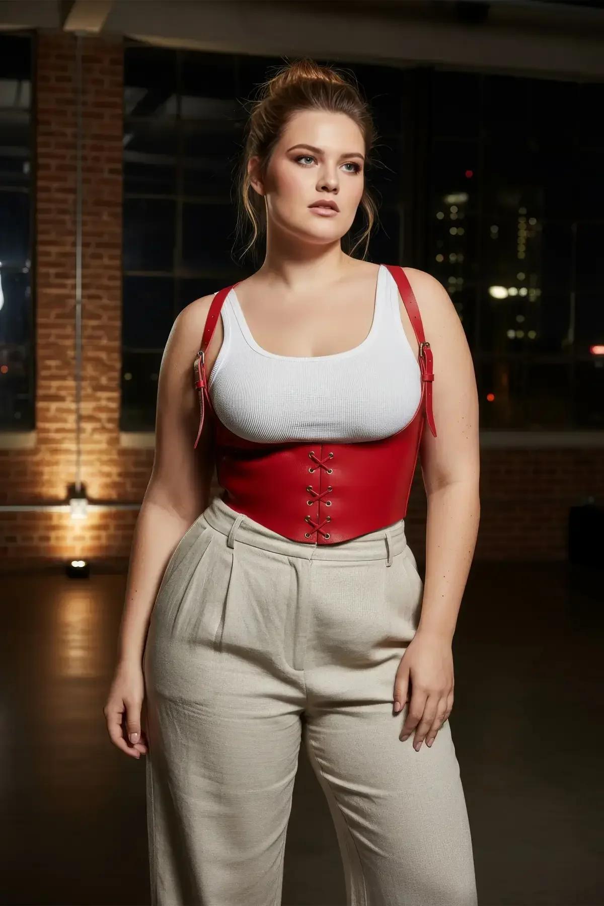Red faux leather corset belt waist detail layered over cream base top with linen trousers