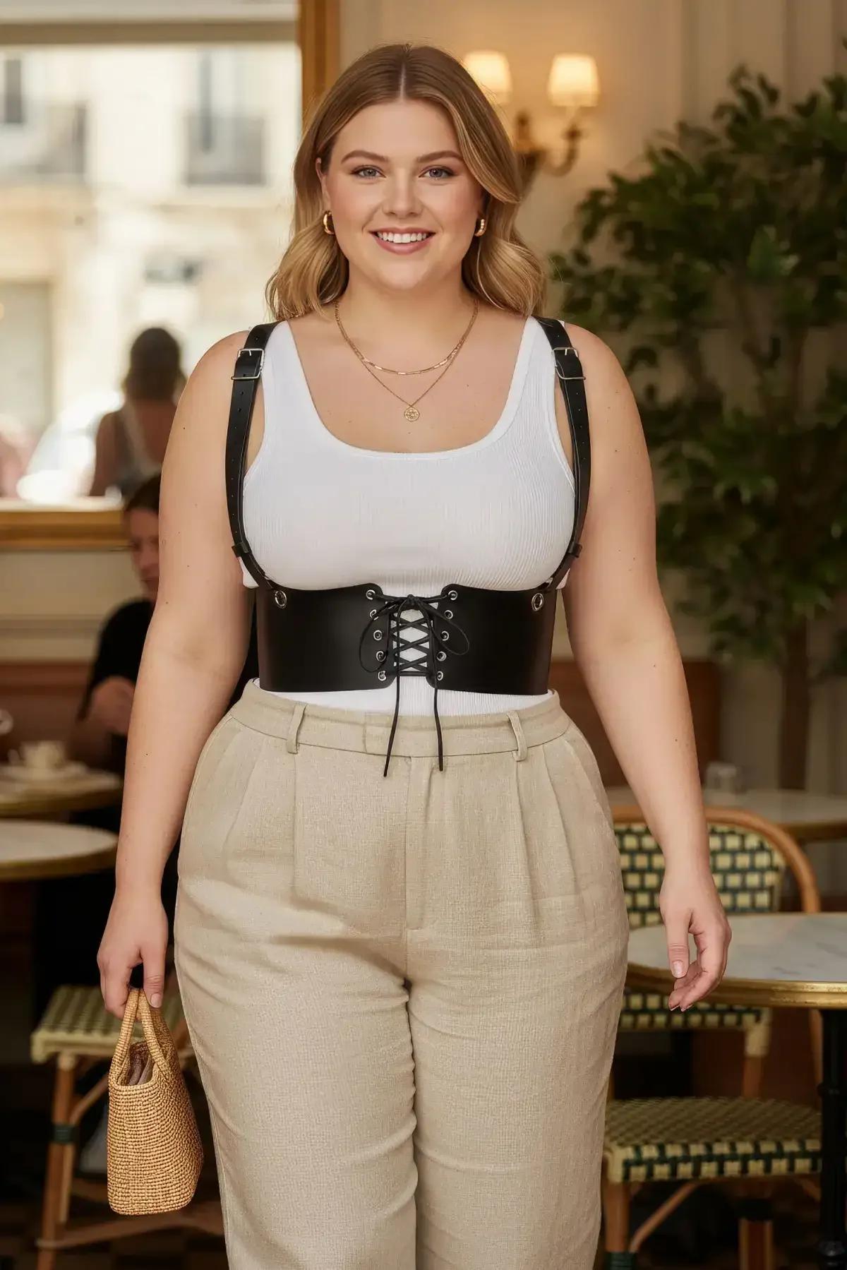 side profile of black structured underbust corset harness showing 15 cm band width and waist silhouette