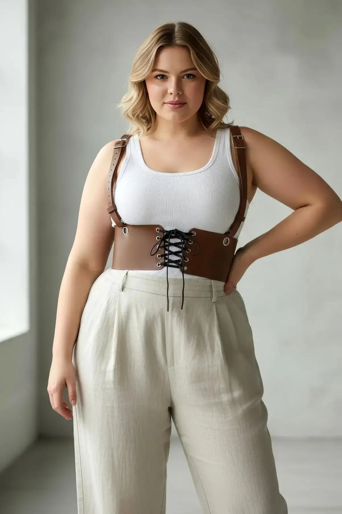 Cognac underbust corset harness belt laid flat showing full width approximately 15 cm band height