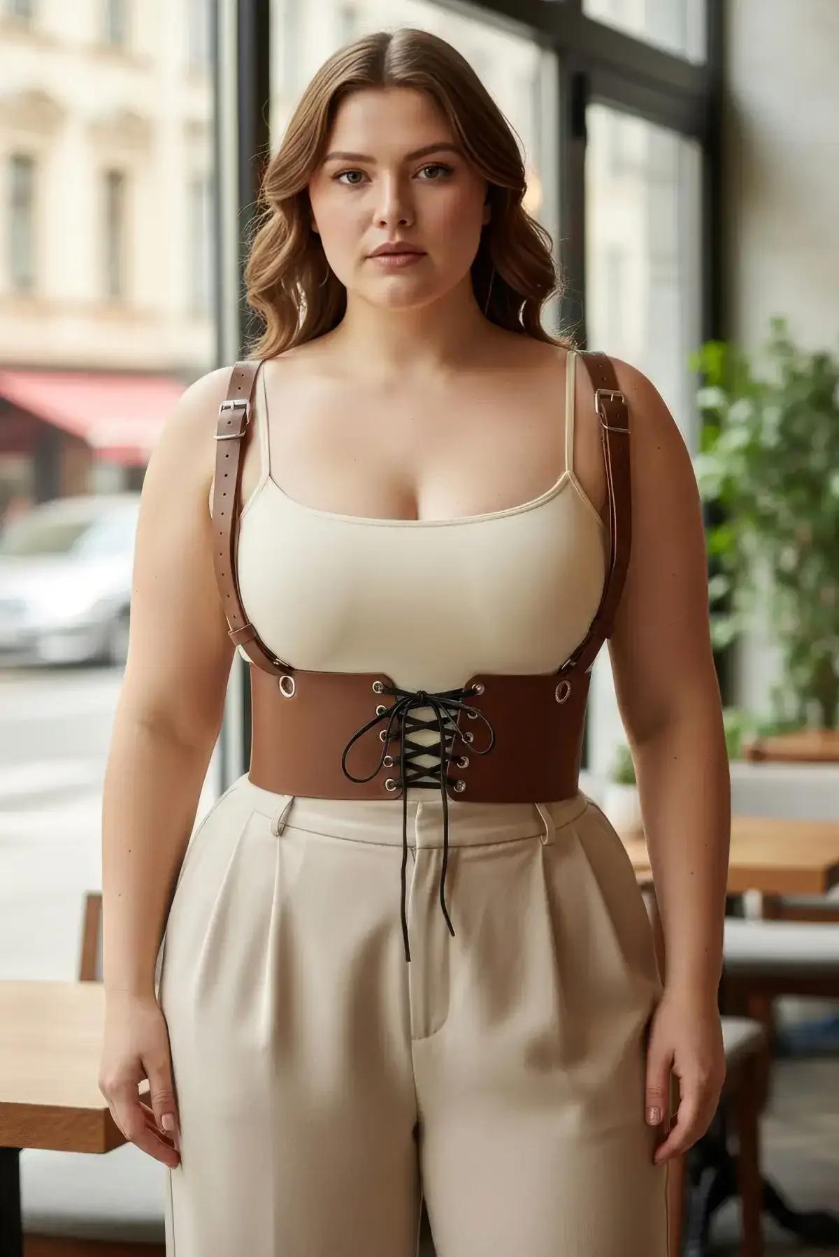 Brown lace-up corset belt styled over white ribbed top with beige wide-leg trousers waist detail