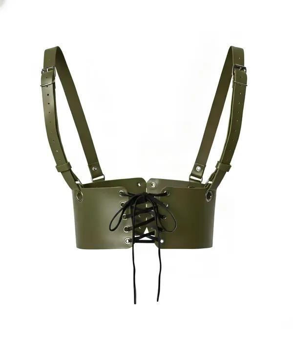 Olive faux leather underbust harness with black lace-up front, silver grommets, and adjustable shoulder strap buckles