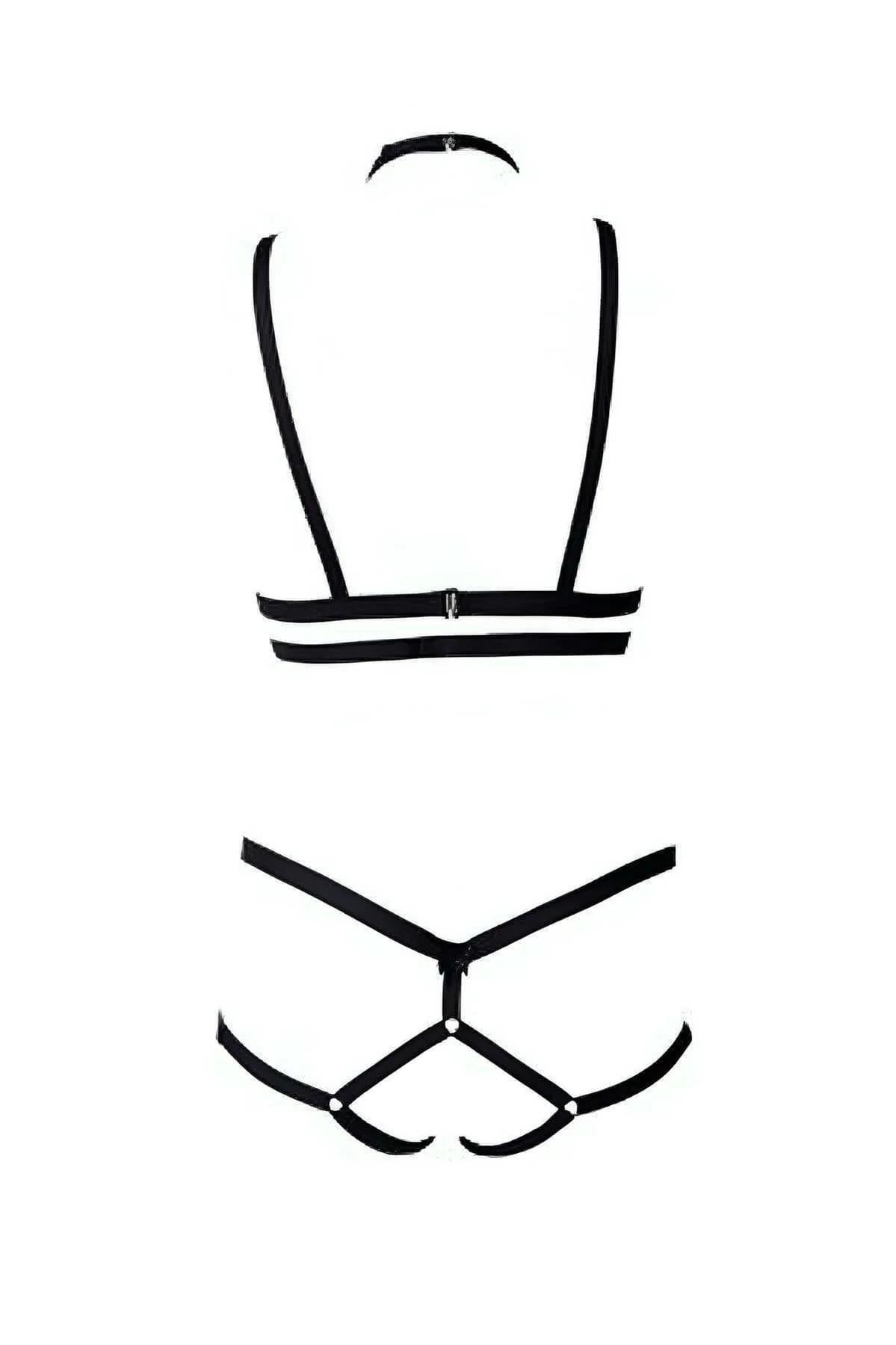Full two-piece black elastic cage harness bra and thong set flat lay detail