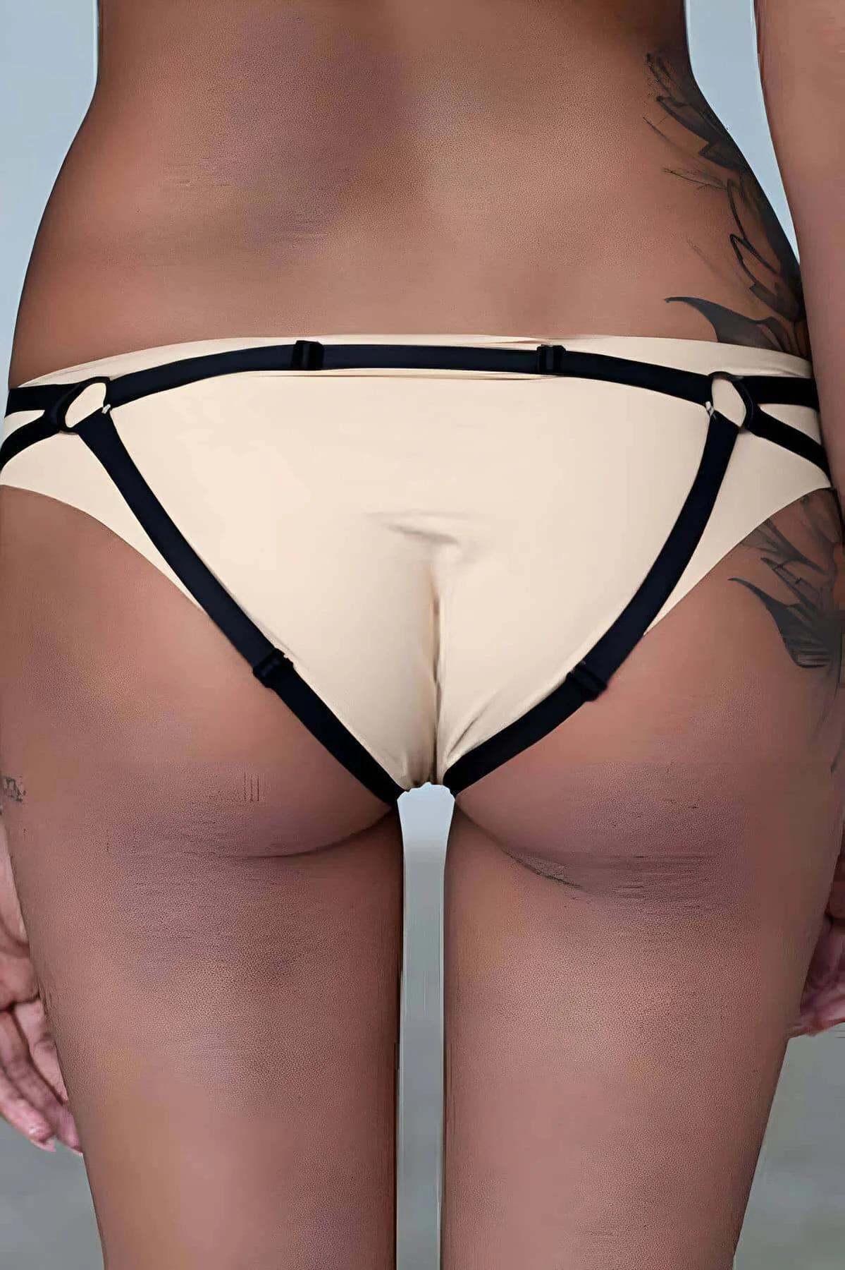 krem halter harness üst parça gold O-ring merkezde siyah boyun askısı