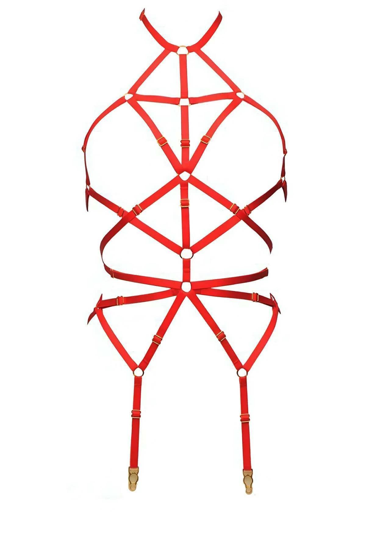 Kırmızı elastik harness ön görünüm halter boyun bağlantısı ve bel halkası detayı