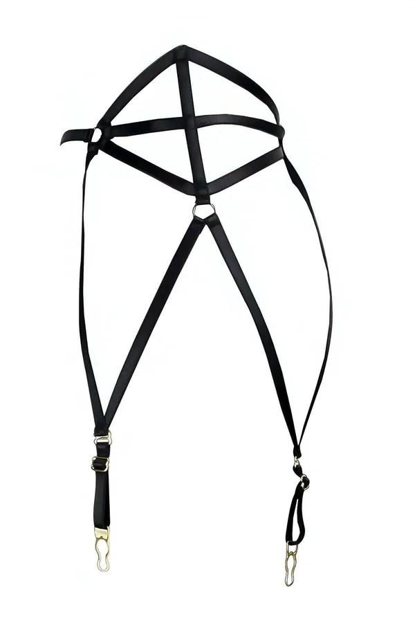 siyah lastik jartiyer harness geometrik çapraz bantlar altın metal çorap klipsleri