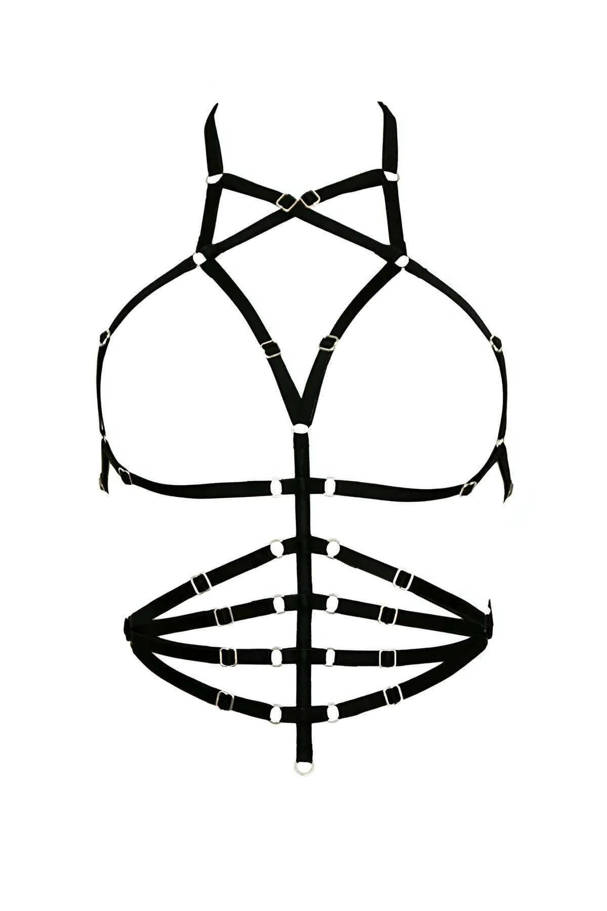 Altın toka detaylı siyah elastan harness bel hattı yakın çekim