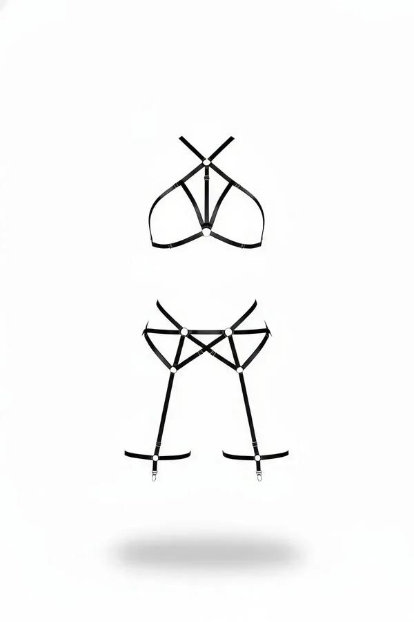 Siyah vegan deri harness takım boyundan bağlamalı üst harness ve bacak askılı alt harness gümüş halka detay