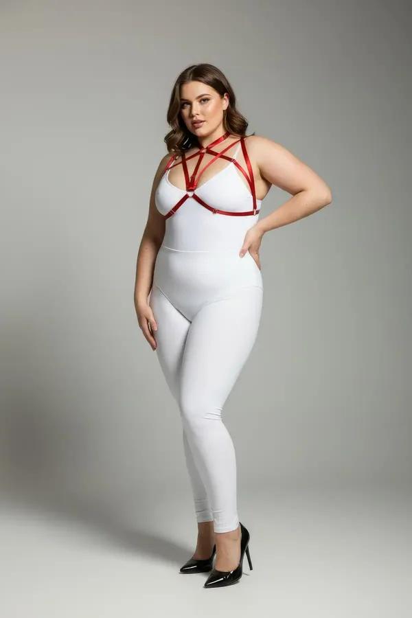 red strappy chest harness with O-ring junctions and collar band worn over white bodysuit plus size model