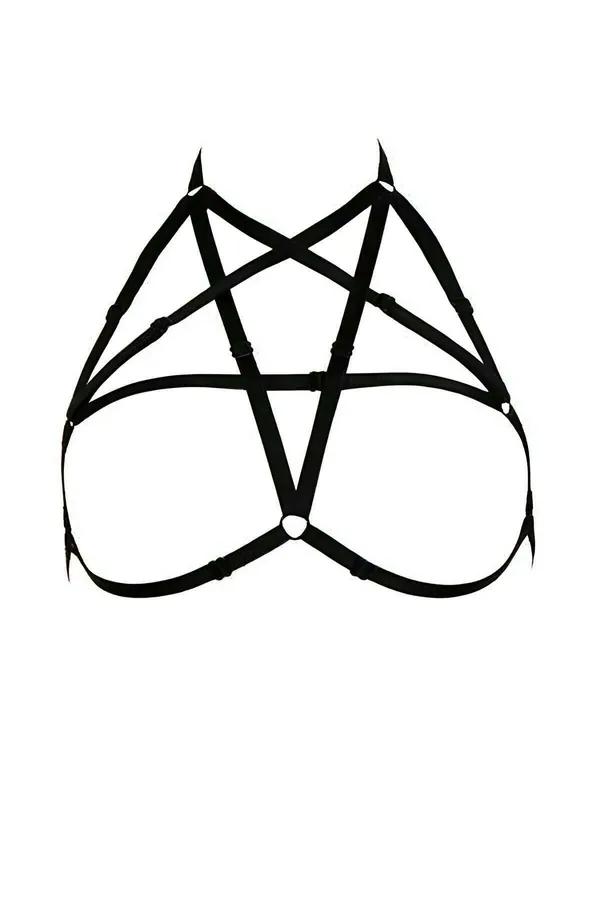 Pentagram desenli siyah elastik bant göğüs harness gümüş O-halka bağlantılı