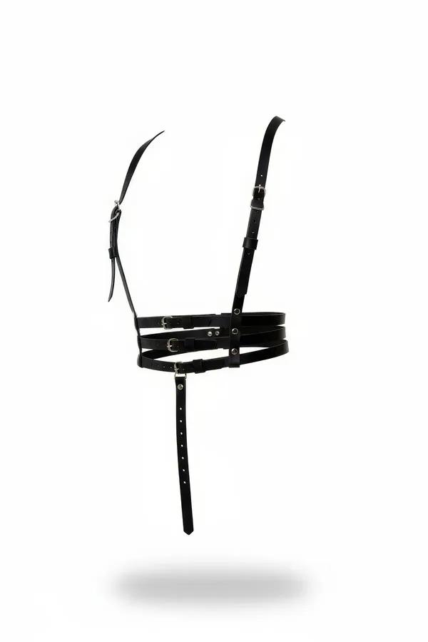 siyah vegan deri üçlü bant göğüs harness gümüş metal toka ayarlanabilir omuz askılı
